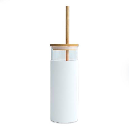 INTIRILIFE tumbler in vetro bianco 500 ml con cannuccia, coperchio in bambù e copertura protettiva in silicone - bicchiere riutilizzabile per bere in movimento, smoothie, caffè, succhi di frutta
