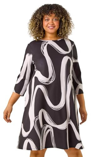 Roman Originals Tunic Dress with Pockets for Women UK Ladies Swing Fit & Flare Skater Slouch Stretchy Casual Smart Winter Jersey Pull On Work Office 3/4 Long Sleeves - Black White - Size 18