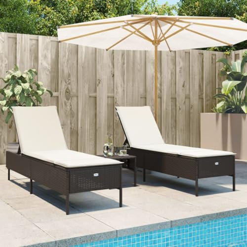 Homgoday Sonnenliegen mit Auflagen 2 STK. Gartenliege Sonnenliege Relaxliege Strandliege Balkonliege Verstellbare Rückenlehne Freizeitliege für Garten, Terrasse Braun Poly Rattan