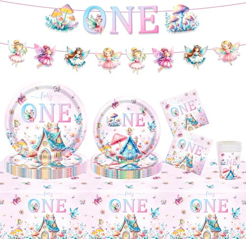 MORAINJAY Lot de 82 décorations de fête d'anniversaire en forme de champignon, assiettes en carton, gobelets en carton, bannière, serviettes, fête d'anniversaire pour enfants (20 invités)
