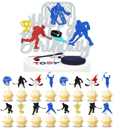 Houhounb Eishockey-Themen Party Deko Set Doppelseitig Kuchendeckel 1 großes Happy Birthday Cake Topper und 16Pcs Kuchen Topper Cupcake Picks für Eishockey Themed Geburtstag Party Dekorationen