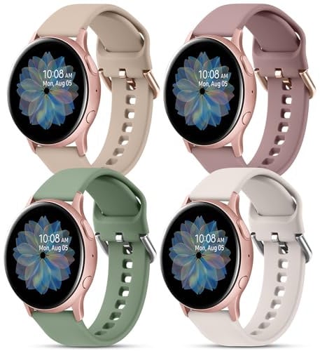 AK 4 PACK Watch Band Compatible with Samsung Galaxy, Adjustable Silicone Sport Strap Replacement for Samsung Galaxy Watch 4/5/6/7 Men Women (Violet Smoke+MilkTea+Starlight+Cactus, Small)