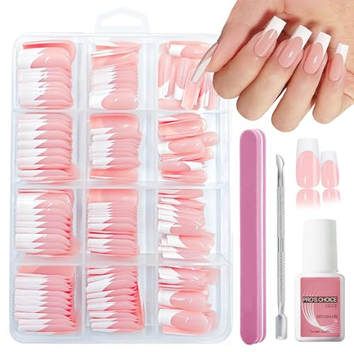 French False Nails 240Pcs - Square Long Press On Nails - 15 Size Light Pink Fake Nails with White Tip - Stick on Nail with Glue on - Full Cover French Manicure Decorations for Women Girls