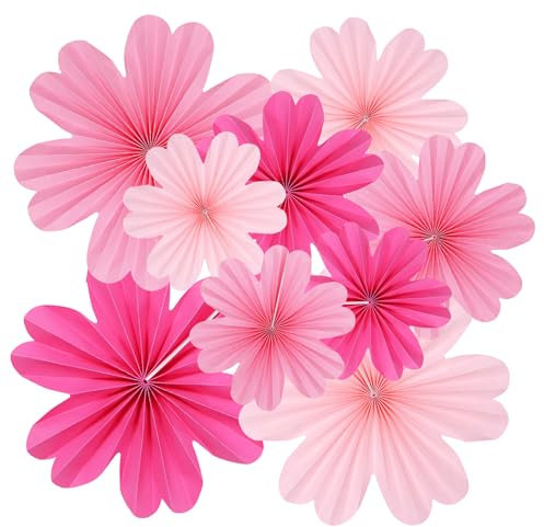 9Pcs Pink Hanging Paper Fan Set Party Decoration Supplies Paper Fan Flowers Decorations for Wall Wedding Birthday Party Supply (Pink)