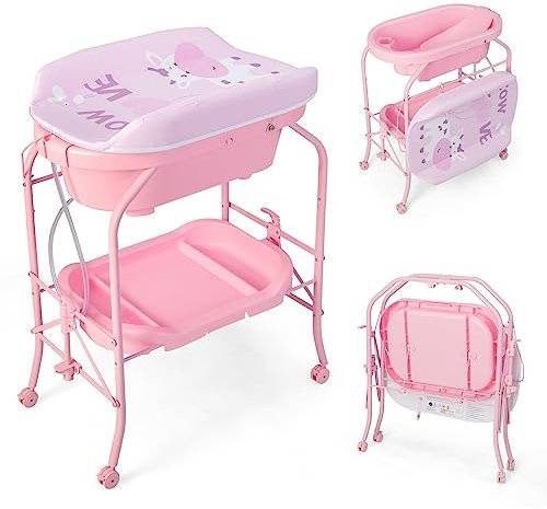 COSTWAY 4 in 1 Wickeltisch klappbar mit Badewanne, tragbare Wickelkommode mit Wickelauflage, mobile Wickelstation mit Universalrädern für 0-12 Monate Baby, bis 35 kg belastbar (Rosa)