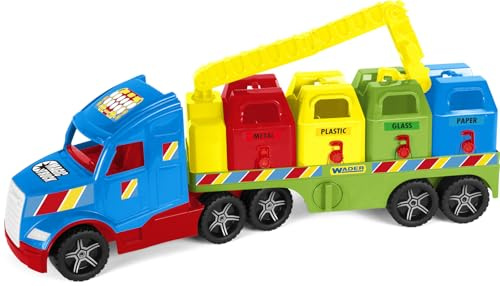 Wader 36321 - Magic Truck Recycling-Fahrzeug mit Vier Containern, Kran und leuchtenden Scheinwerfer, Größe ca. 79 cm, für Kinder ab 3 Jahren, Geschenk für kreatives Spielen