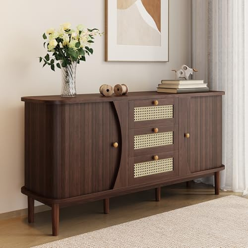 Witimisy Sideboard,Rattankommode,Kommode mit Schiebetüren,Verstellbaren Einlegeböden und Abgerundeter Platte,140,5X40X76 cm