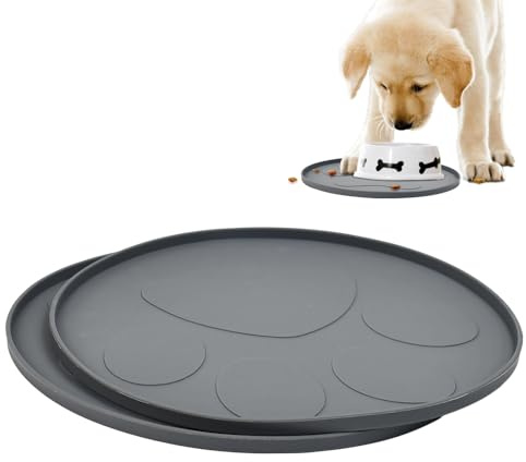 Vurixfo 2 Pack Silicone Pet Feeding Mat, Round Cat Food Mats Raised Edges Dog Bowl Mat Non Slip Cat Bowl Mats Waterproof Dog Dish Placemat Tray for Foods and Water Bowls (Grey, 27cm)