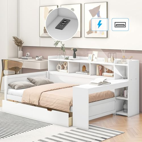 Merax Kinderbett 90x200 Einzelbett Tagesbett mit Stauraum Jugendbett Multifunktionsbett mit Schreibtisch, 2 Schubladen, Steckdose und USB Ladefunktion - Bettgestell mit Lattenrost(Ohne Matratze), Weiß