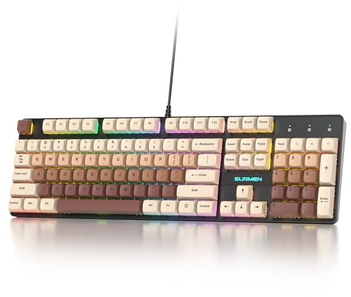 Vumilstek Coffee Brown Full-Size Mechanical RGB Keyboard, American QWERTY 104-Key Wired Quiet Gaming Keyboard Creamy Linear Red Switches Number Pad for Win/Mac PC Gamers&Typists(Coffee)
