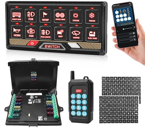 Chelhead Panneau Commande RGB 12 Gang APP Télécommande 12V/24V | Panneau RGB multifonction avec contrôle APP et télécommande, système relais 12V/24V et rétroéclairage désactivable