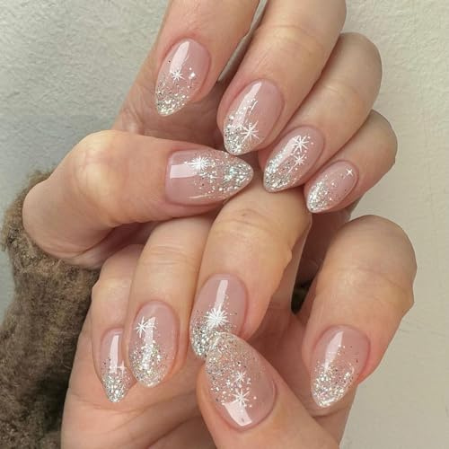 SXVME Light Pink Press on Nails Short Almond with Glitter Sliver Snowflake Pattern Full Cover False Nails Short Stiletto, Natural French Fake Nails Set, Soft Gel Stick on Nails for Women, 24 Pcs