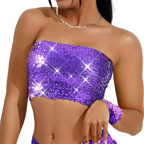 DIELIANHUA Top da Donna con Paillette Bandeau Senza Maniche Spalline Crop Tubo Sexy Glitter Canottiere Scintillanti Costume Di Danza Del Ventre Per Carnevale Halloween Natale Feste Club (Viola)