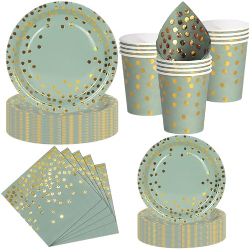 Nkaiso Paper Plates and Cups and Napkins Set, 50 Piece Sage Green and Gold Party Tableware, Disposable Plate Napkins Cups Dinnerware Party Supplies for Birthday BBQ Picnic Decorations