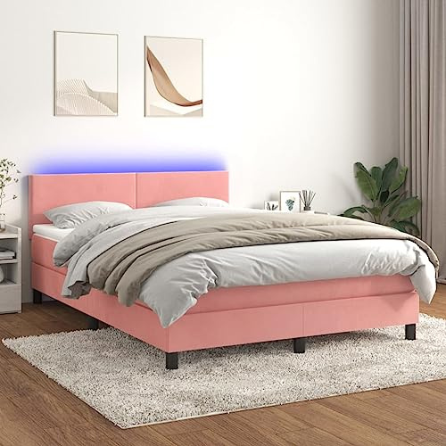 Tonture Boxspringbett 140x200 cm Rosa Samt, Höhenverstellbares Kopfteil, Taschenfederkernmatratze, LED-Beleuchtung, Schlafzimmermöbel