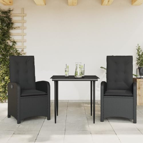 Ziaphsol 3-TLG. Garten-Essgruppe Schwarz, verstellbare Rattan Sessel, Glastisch, Bequeme Kissen, für Terrasse, Balkon, Outdoor Gartenmöbel Set