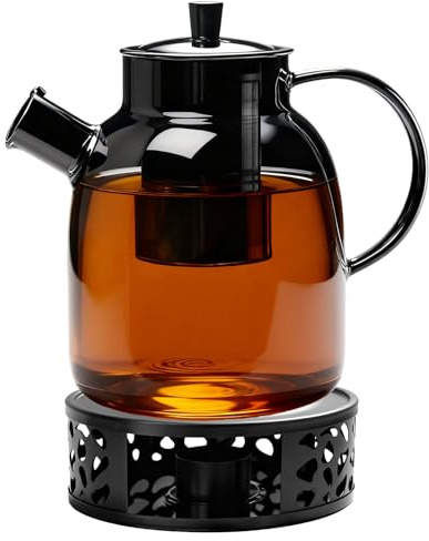 1.8L Teekanne aus Borosilikatglas mit Siebeinsatz, Stövchen & Deckel – Spülmaschinenfeste Glasteekanne für losen Tee Teebeutel Fruchttee, Hält lange warm (1800ml,spülmaschinenfest)