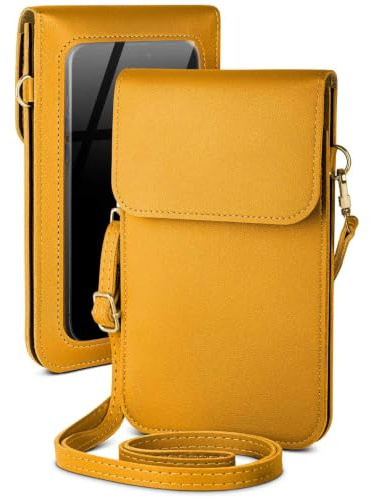 moex Handytasche zum Umhängen für iPhone 17 Pro Max kleine Handtasche mit Handyfach und Sichtfenster, 2 extra Fächer Mini PU Leder Handy Umhängetasche Damen CitySling, Gelb