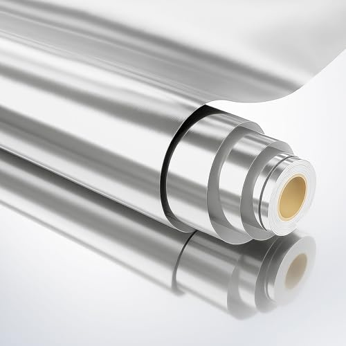 Spiegelfolie Selbstklebend Möbelfolie für Möbel Silber Glitzer Klebefolie Möbel Spiegel Aufkleber für Schrank möbelKüche Spiegelfolie Küchenfolie Wandschutzfolie Selbstklebend Hochglanz