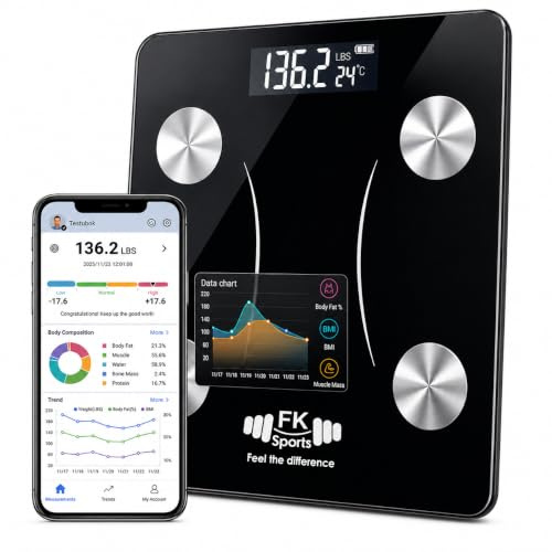 FK Sports Smart Bluetooth Bathroom Scales with App, Digital Weighing Scale for Body Weight, Body Fat Analyzer, BMI & Body Composition Monitor, Heart Rate & Multiple Body Measurements, 180KG Capacity