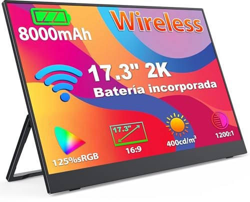 17.3 2K Monitor Portatile Wireless (WiFi), 2560×1440P QHD Schermo Portatile Batteria Integrata(8000mAh), Monitor Portatil Senza Fili, Supporto AirPlay/Miracast, per Laptop/PC/Mac/Telefono/Tablet