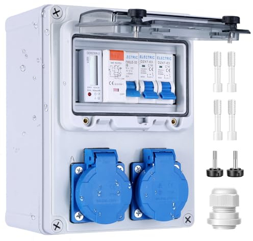 VAYALT Wandverteiler Vorverkabelt Stromverteiler mit Stromzähler, Baustromverteiler mit FI + LS Schutzschalter, 2x 230V Schuko Steckdosen, IP67 Wasserdicht Gehäuse, Verteilerkasten für Innen und Außen