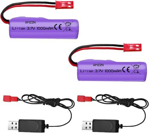 YUNIQUE GREEN-CLEAN-POWER 2 Li-Ion Akkus 3,7 V 1000 mAh mit JST-2P Anschluss + USB-Ladegerät – kompatibel mit Huina 1337 1338 1516 1517 RC Baustellenfahrzeuge