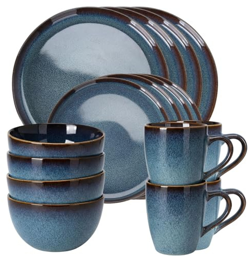 Carousel Home 16 Piece Blue Reactive Glaze Stoneware Dinner Set for 4, Plates Bowls and Mugs Matching Crockery Dining Set