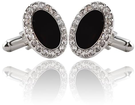 Ovale Schwarze Onyx-Diamant-Manschettenknöpfe. Französische Hemd-Manschettennadeln For Herren