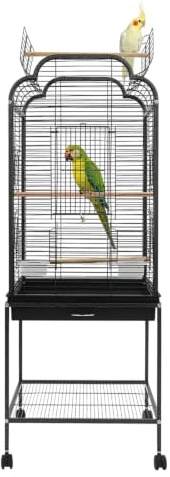 Cage à Oiseaux sur roulettes Double Toit Ouvrant Plateau Coulissant Étagère | Volière sur roulettes, double toit ouvrant, plateau excrément coulissant, étagère rangement graines/accessoires. Idéale