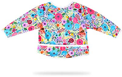 Petit Lulu wasserdicht Baby Lätzchen mit Ärmeln | Größe L | 18-36 Monaten | Bib with sleeves | Ärmellätzchen mit Tasche | Kinderlätzchen mit Druckknopf | Made in EU (Blumen)