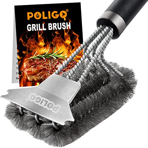 POLIGO Grillbürste und Schaber mit Deluxe Griff - Stabile Edelstahlborsten für Gas, Infrarot, Holzkohle- und Porzellangrills Grillmeister und Grillbegeisterte