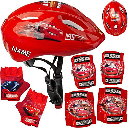 alles-meine.de GmbH 7 TLG. Set: - Sicherheitsset - Kinderhelm/Fahrradhelm + Fahrradhandschuhe + Knie & Ellenbogenschützer - inkl. Name - Cars - Auto - Lightning McQueen - Gr. 5..