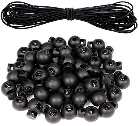 Opopark 50pcs Spring Cord Locks Single Hole Plastic Spring Toggle Stoppers Buttons Small Round Elastic Toggle Sliders with 10m/32 Feet Bungee Rope for Drawstring Bag Shoelace Paracord Camping Hiking