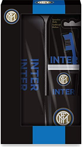 Inter Geschenkset für die Mundhygiene | Manuelle Zahnbürste mit mittelgroßen Borsten, Minzzahnpasta 75 ml, Becher mit Logo und Etui mit Logo