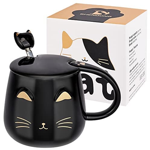 Schwarze Katzen-Tasse Süße Kaffeetasse aus Keramik mit Kawaii Deckel und schönem Edelstahllöffel Neuheit Morning Cup Kaffee-Milch-Tee-Becher- 3D-Tier Katzen-Tassen für Katzenliebhaber Frau Geschenke