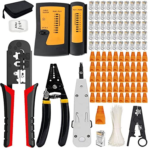 MAYLINEE RJ45 Cat5e Cat6 herramientas Kit de Reparación de Cables de red para pelacables alicates de, Cortador de Pelado de Ethernet, Crimpado de Profesional y Probador de LAN 50 Conectores (Negro)