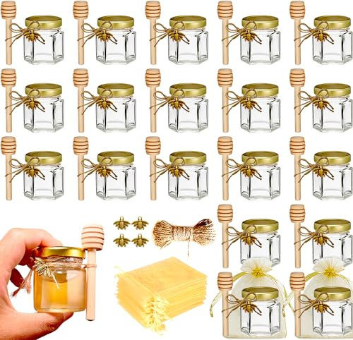 Petits Pots, Mini pots à miel, Petites boites avec cuillères et petites abeilles, pochette cadeau en organza, Confitures pot pour baptême, aux invités mariage, Petits cadeaux, Lot de 20 pots 45ml