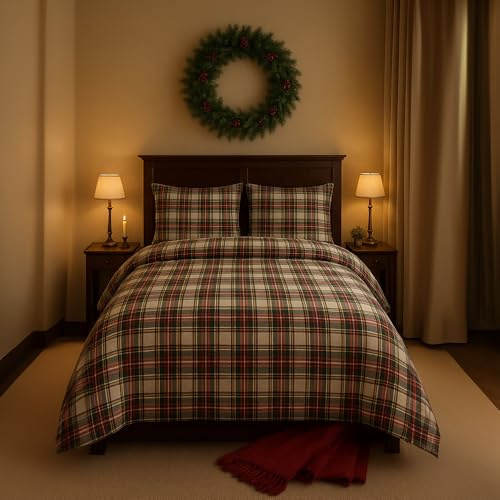 INTRECCI Completo Lenzuola 1 Piazza e Mezza Scozzese Bianco, Set Lenzuola e Federe in Puro Cotone Fantasia Tartan