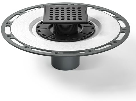 Bernkot Square Shower Drain 4 Matte Black 304 Stainless Steel Drain Grate Removable Drain Key with PVC Bonding Flange Base for Low Profile Shower Pan