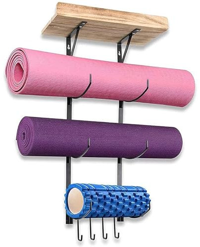 Drfeify Yogamattenhalter Aufbewahrung Fitnesszubehör Metallholz Wandhalterung für Yogamatte und Schaumstoffrolle platzsparend sicher und stabil