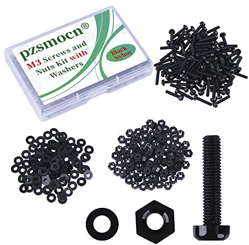 Pzsmocn 300 Stück/100 Sätze M3*15 mm Schwarzes Nylon Kunststoff Kreuzschlitz Rundkopfschrauben-Sechskantmuttern mit Isolierscheibe Standardgröße, für Heimwerker und Elektronische Montage.