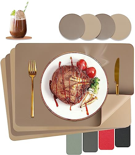 HELI MIAO Tischsets Abwaschbar,Platzsets Abwischbar,Tischset Leder,Hitzebeständig Doppelseitigen I 4er Set Platzdeckchen Lederoptik mit Untersetzer,Tischuntersetzer,Platzdecken(braun+Tan)