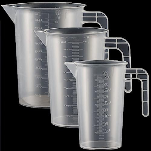 3 Stück Messbecher Kunststoff Set Mit Griff Gramm Skala 250ml+500ml+1000ml, Hitzebeständig Präzision Messbecher für Waschmittel, Küche, Labor, die Autopflege feine Skala Lebensmittelecht Transparent