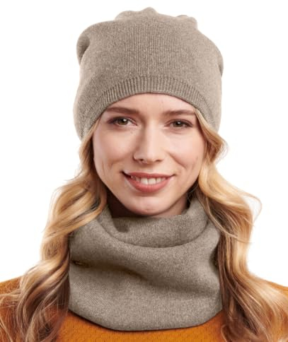 Hilltop Baumwoll-Winterset Damen aus Winterschal und Strickmütze, Winter Set:Hellbraun