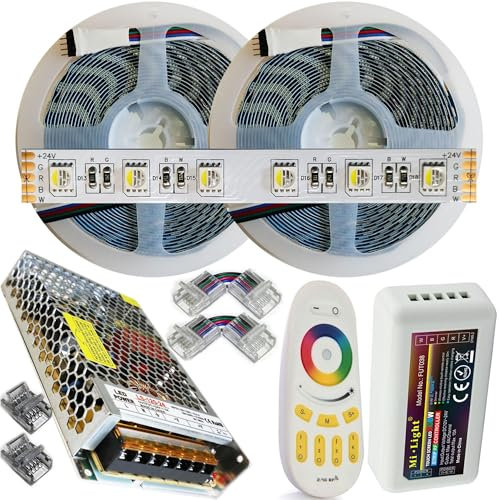 Mondo Strisce Led: RGB+Bianco Freddo 4in1 24V. Kit da 10 Metri con 1 Trasformatore da 120W e 1 Controller +1 Telec.. Con 600 Led RGB+W sviluppa 5000+5000 Lumen. Striscia RGBW Ip20