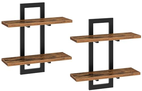 HOOBRO Floating Shelves, Wall Shelves Set of 2, Wall Mounted Storage 2-Tier, Wall Display Racks, Hanging Bathroom Shelves, for Kitchen, Living Room, Rustic Brown and Black EBF32BJ01