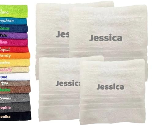 4er Pack Personalisiertes Handtuch und Badetuch mit Namen Schön gestickter Name Handbadetuch 100 % Baumwollhandtuch 2x (50 x 100 cm) + 2x (140 x 70 cm) Personalized Custom Towel with Name (Weiss)