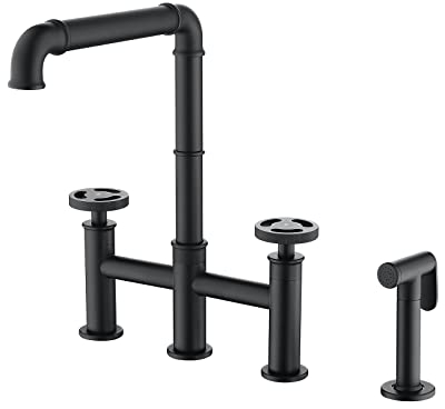 Industrial Kitchen Faucets,4 Hole 2 Handle Black Kitchen Taps with Bidet Faucet, Brass Deck Mounted Cold and Hot Water Mixer Kitchen Sink Faucet