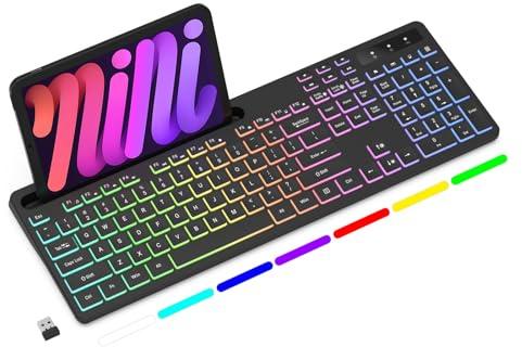 Soueto Wireless Keyboard 7 Color RGB Backlit Computer Keyboard Full Size Computer Keyboard with Phone Tablet Holder, 2.4G Rechargeable Wireless Gaming Keyboard with
